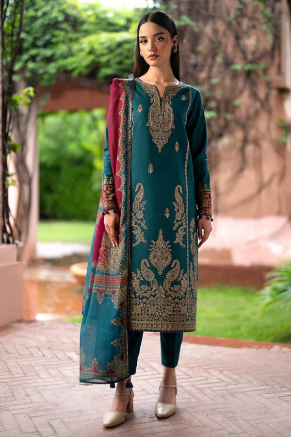 KN1103-Jazmin 3PC Dhanak Embroidered Suit With Printed Shawl
