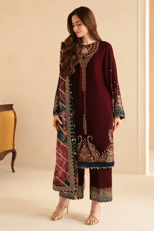 KN1107 Jazmin Velvet Embroidered With Printed Organza Dupatta