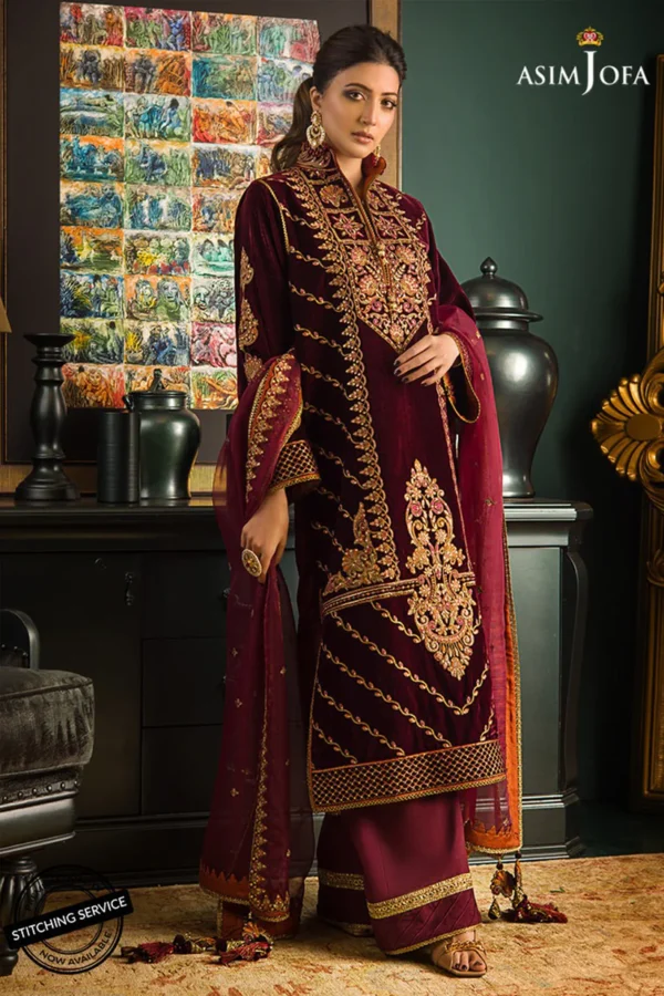 KN1113 Asim Jofa Embroidered Velvet Dress With Organza Dupatta