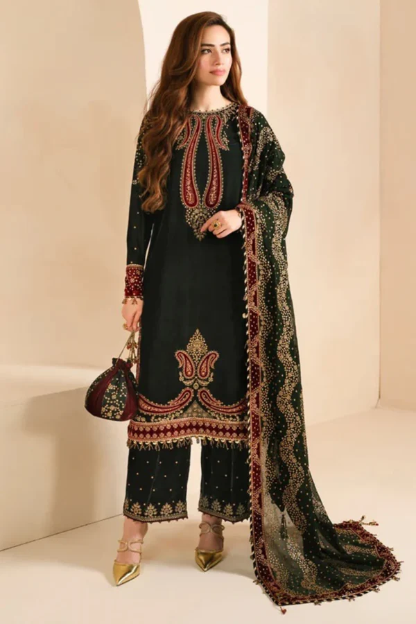 azmin Velvet Embroidered With Printed Organza Dupatta