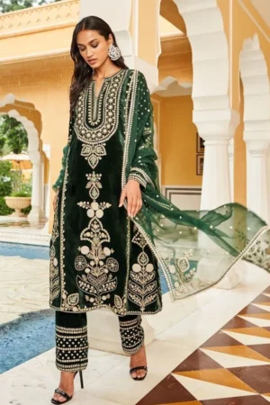 Embroidered Velvet Dress With Organza Dupatta