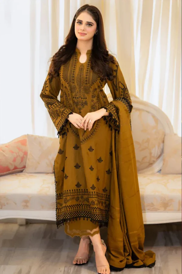 LIBAAS 3-Pc Embroidered Dhanak Suit with Shawl