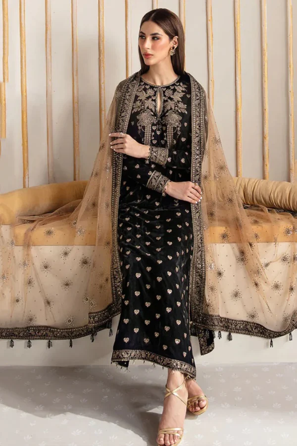 Baroque Velvet Embroidered 3 Piece Dress With Organza Dupatta