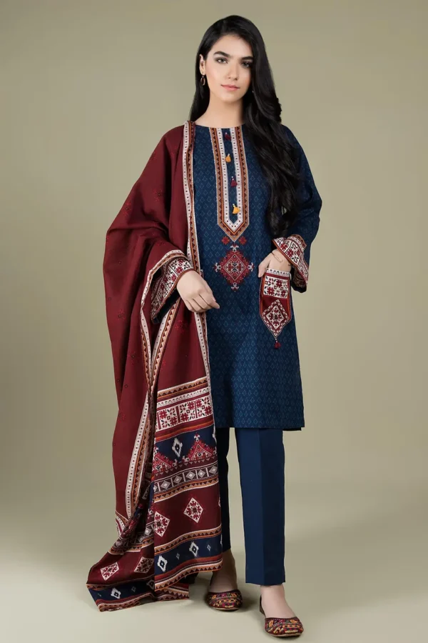 KN416-WINTER 3 Piece Linen Embroidered Suit with Printed Shawll