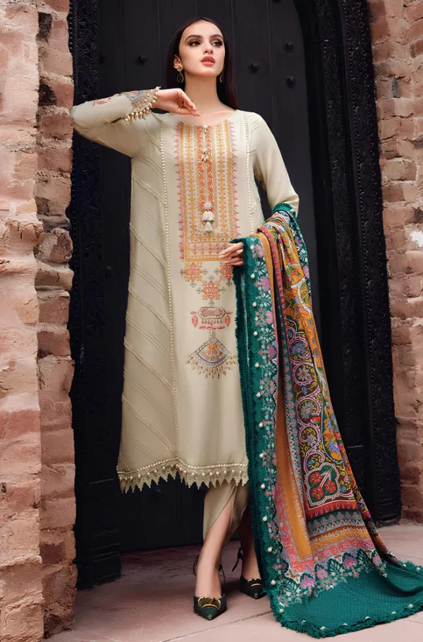 KN539-WINTER 3PC Dhanak Embroidered suit with Printed Shawll