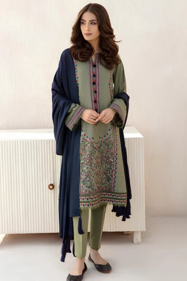 KN550-3 Piece Winter Embroidered Khaddar Dhanak Shirt With Bumble Wool Shawll