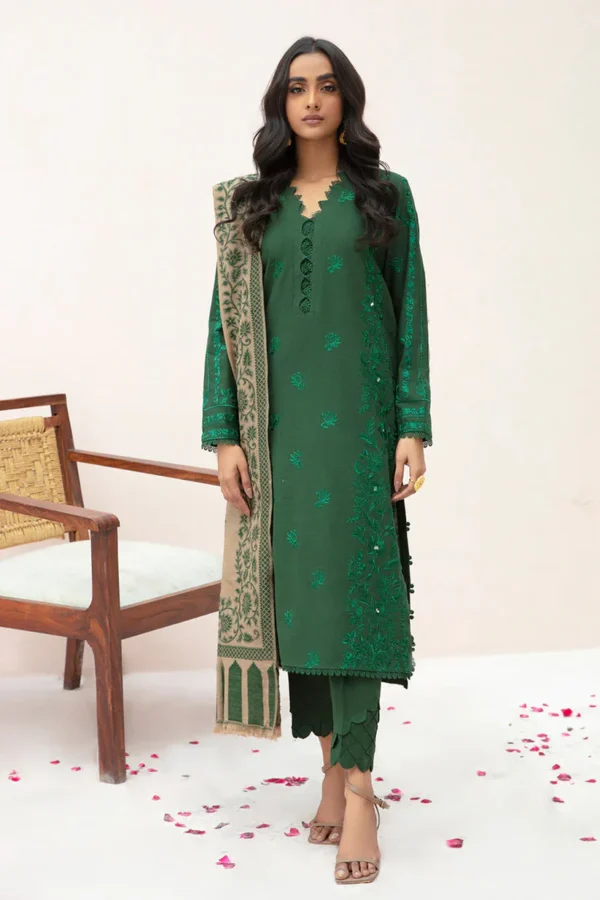 KN553-3 Piece Winter Dhanak Embroidered Suit with Printed Shawll