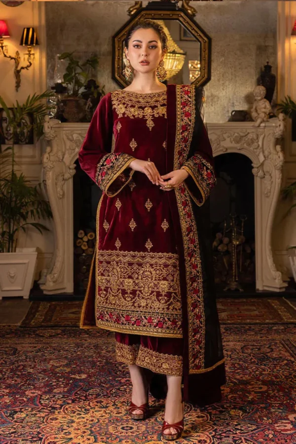 KN556-Velvet Winter Embroidered 3 Piece Dress With Organza Embroidered Dopata