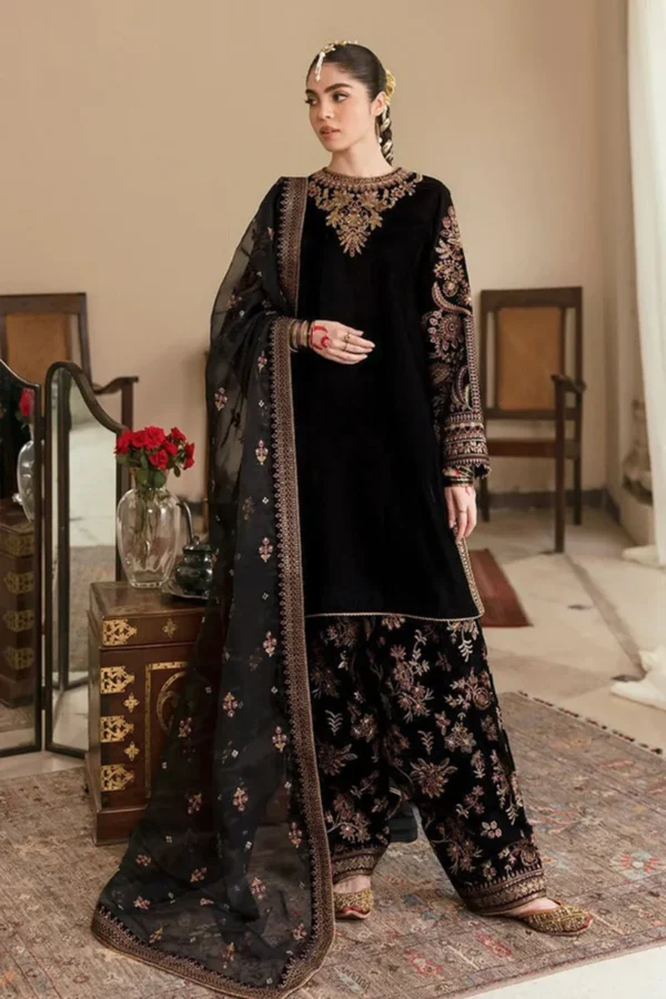 KN563-Winter Embroidered Velvet Dress With Organza Embroidered Dopata