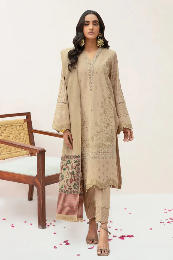 KN574-WINTER 3PC Dhanak Embroidered suit with Printed Shawll