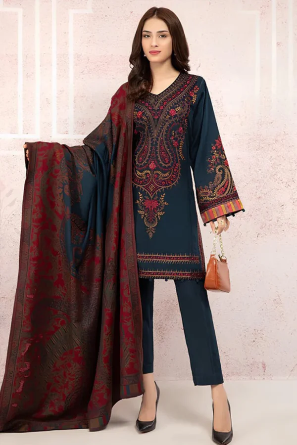 KN582-WINTER 3PC Khaddar Dhanak Embroidered Suit with Printed Wool Shawll