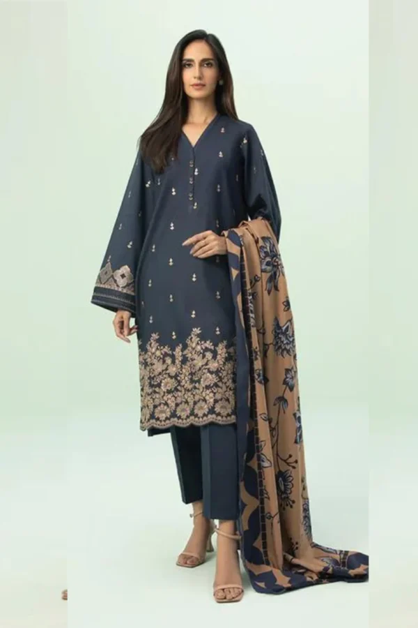 KN588-WINTER 3PC Dhannak Embroidered suit with Printed Shawll
