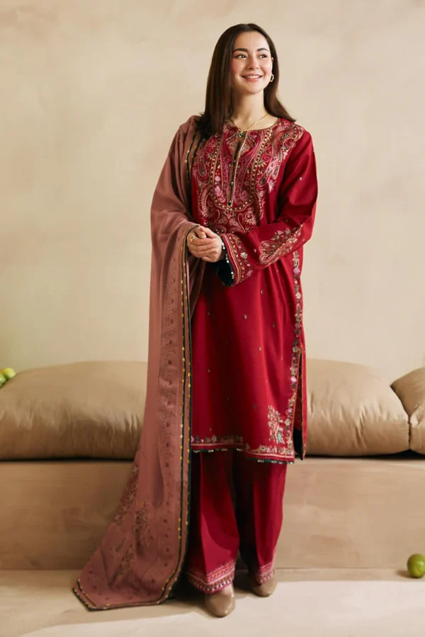 Kn602-WINTER 3-Pc Embroidered Dhanak Suit with Heavy Embroidered Dhanak Shawll