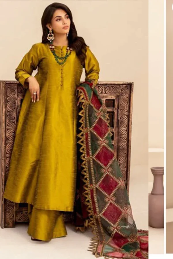 3PC-Unstitched Raw Silk Printed Organza Dupatta