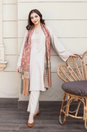 KN1229 Asling Winter 3PC Dhanak suit with Embroidered Shawll