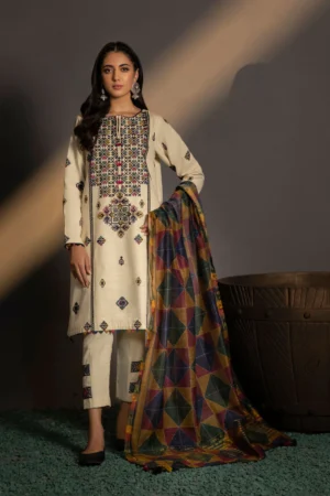 KN584-WINTER 3PC Khaddar Embroidered Suit with Printed Wool Shawll