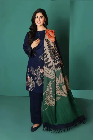 KN585-WINTER Nishat Blue Dhanak Embroidered 3 Piece With Printed Wool Shawll