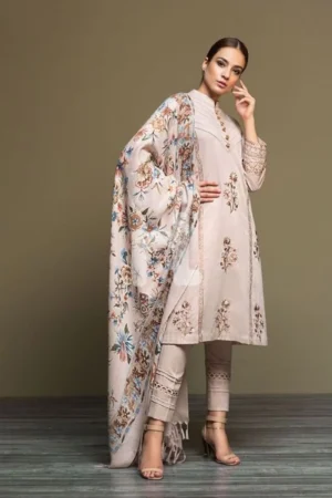 KN589-WINTER 3PC Dhanak Embroidered suit with Printed Shawll