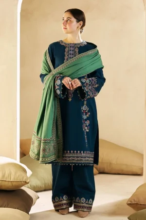 KN590-Winter 3-Pc Embroidered Dhanak Suit with Heavy Embroidered Dhanak Shawll