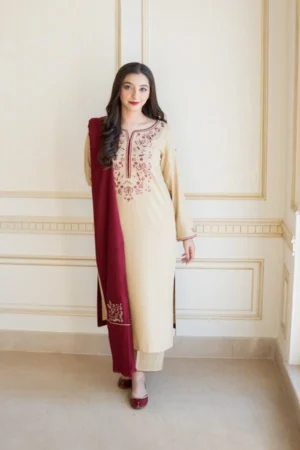 KN614-Asling Winter 3PC Dhanak suit with Embroidered Shawll