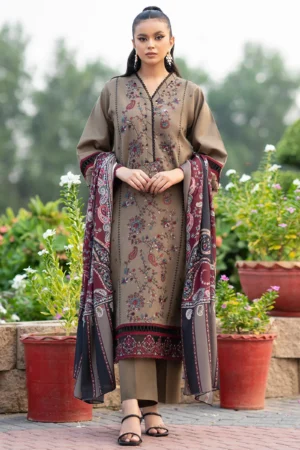 KN617-WINTER 3PC Dhanak Embroidered suit with Printed Shawll