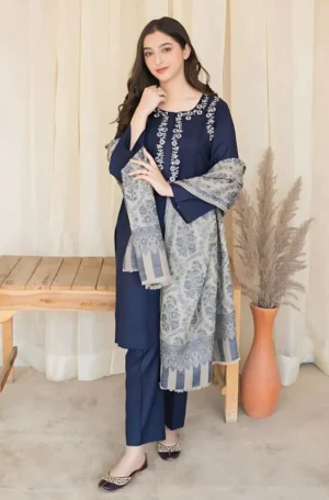 KN627-Asling 3PC Dhanak Embroidered suit with Printed Shawll
