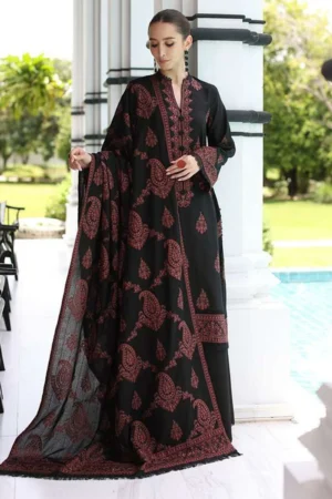 KN823-Maria b-3PC Dhanak Embroidered suit with Printed Shawll