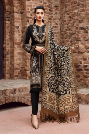 KN877-MARIA B-3PC Dhanak Embroidered suit with Printed Shawll