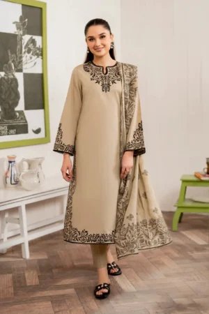 KN913-WINTER 3PC Dhanak Embroidered suit with Printed Shawll
