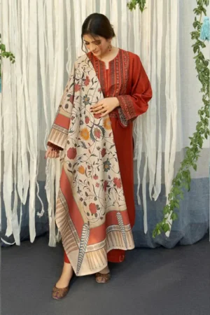 KN914-WINTER 3PC Dhanak Embroidered suit with Printed Shawll