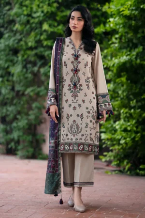 KN943-JAZMIN-3PC Dhanak Embroidered suit with Printed Shawll