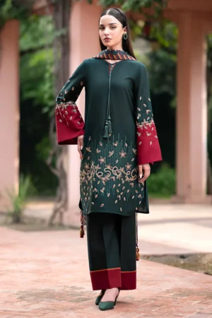 KN944-JAZMIAN- 3PC Dhanak Embroidered suit with Printed Shawll