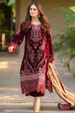 KN1240 Winter Embroidered Velvet Dress With Organza embroidered Dopata