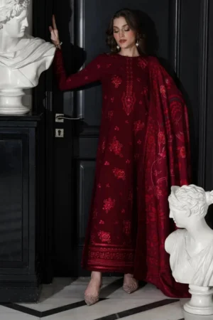 KN1238 UNSTITCHED WINTER BATIK-3PC DHANAK EMBROIDERED SHIRT WITH COURTRAI PRINTED SHAWL & TROUSER-